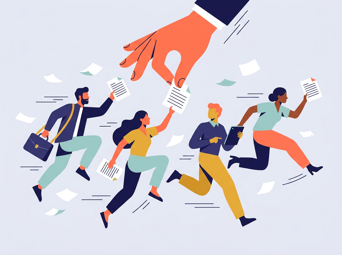 Four tech professionals run toward a giant hand that holds out a single sheet of paper.